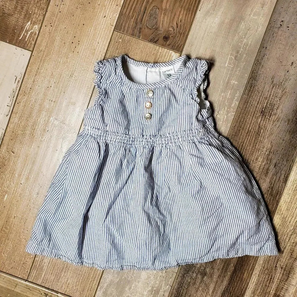 Carter's 100% Cotton Blue and White Striped Dress Baby Toddler Size 12m - Picture 4 of 8